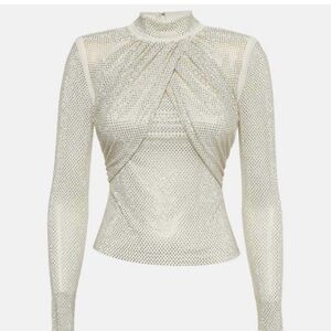Long-Sleeve Cream Mesh High-Neck Top